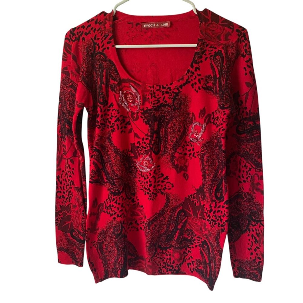 Vintage Epoch & Line Women Red Black Beaded Wool Blend Sweater Paisley Roses M-L